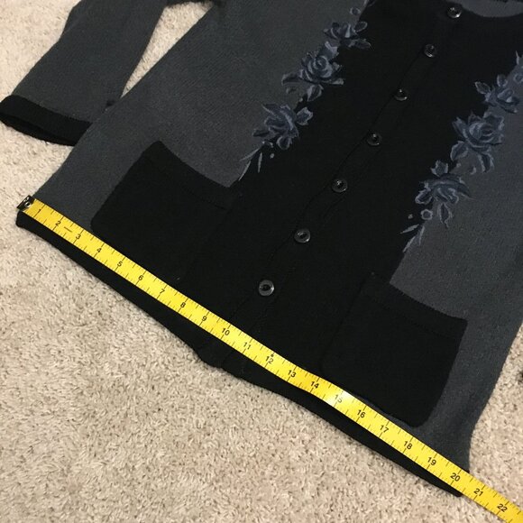 Lavena Black and Grey Embroidered Nubby Button Down Dark Cottage Cardigan - Picture 13 of 15